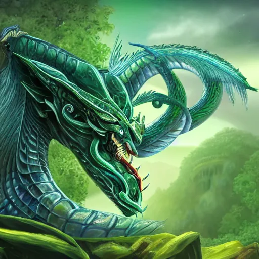 Prompt: An elegant green, blue dragon, it has a furry body and leathery wings, sitting on a clearing in a flowery jungle, detailed, mtg, digital illustration, trending on artstation