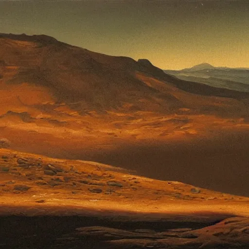 Image similar to oil painting, view from the surface of mars of mount olympus