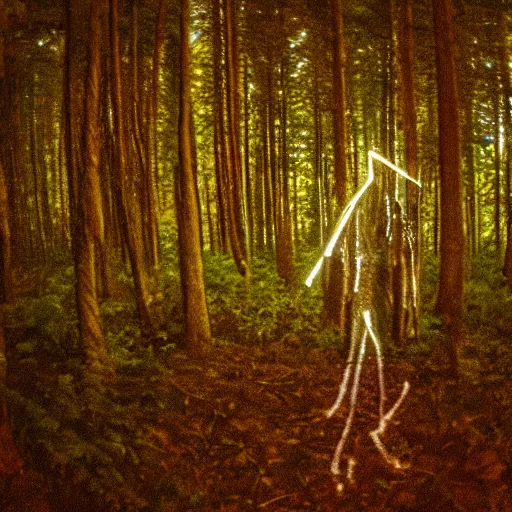 Image similar to grainy trail cam photo still of an alien in the woods at night hiding in the trees of a forest