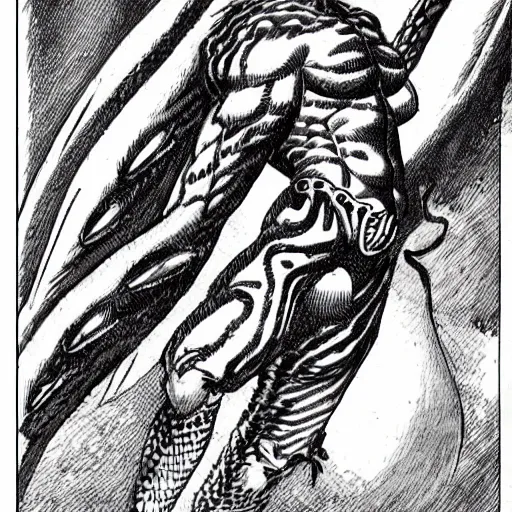 Prompt: a male naga, serpent body, kentaro miura art style