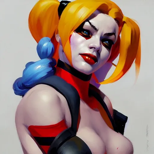 Image similar to Greg Manchess portrait painting of Harley Quinn as Overwatch character, medium shot, asymmetrical, profile picture, Organic Painting, sunny day, Matte Painting, bold shapes, hard edges, street art, trending on artstation, by Huang Guangjian and Gil Elvgren and Sachin Teng