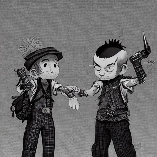 Image similar to rpg character concept art, twin brothers being cute and gangsta, intricate detail, in the style of jamie hewlett kawase hasui riyoko ikeda, 3 d render, artstation trending, 8 k, octane render, photorealistic, sharp detail, manga, black and white