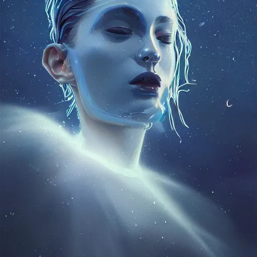 Prompt: sci - fi, close - up, 3 d, moon rays, night, sleepy fashion model face, cinematic, clouds, sun rays, vogue cover style, poster art, blue mood, realistic painting, intricate oil painting, high detail illustration, figurative art, multiple exposure, stars, 3 d, by tooth wu and wlop and beeple and greg rutkowski