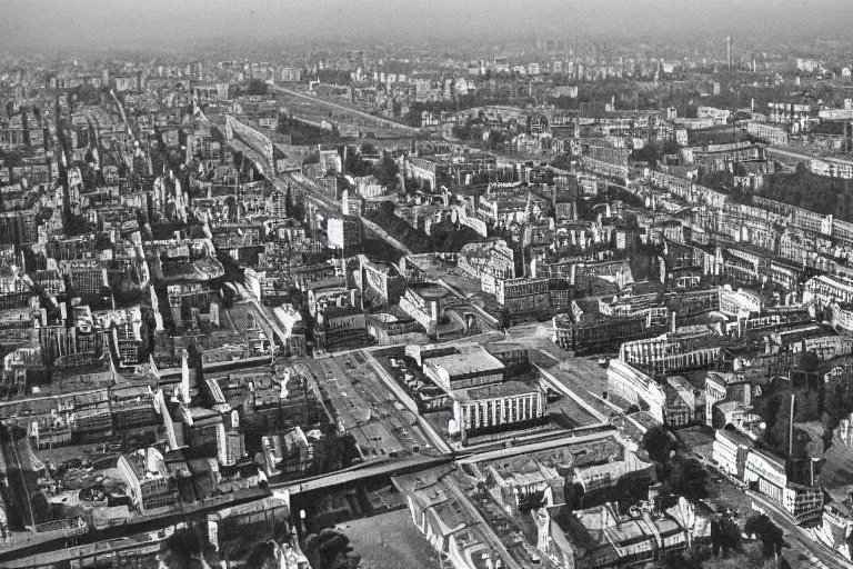 Prompt: bird's eye view photograph of a Soviet city