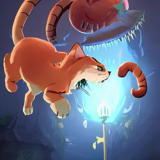 Image similar to deeply scared cat running away from the giant carnivorous sandwich, artstation hq, dark phantasy, stylized, symmetry, modeled lighting, detailed, expressive, true unsimulated emotions, created by hayao miyazaki