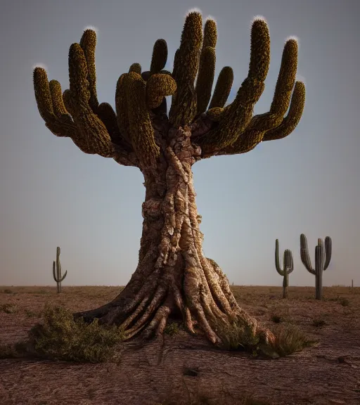 Prompt: surreal theory of tree of snakes, futuristic ancient tree in the desert, foggy sky, dark night, a little bit of patchy cactus, octane render, unreal engine, pale colors, high detail, 8 k, wide angle, trending on artstation, behance