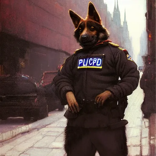 Image similar to new york city portrait of furry anthro anthropomorphic german shepard head animal person fursona wearing clothes nypd traditional police uniform in the alley, sunny day, digital art by Nerdrum John, William Waterhouse, Winslow Homer, Alex Heywood, Jordan Grimmer, Darren Quach, Greg Rutkowski, Simon Stalenhag, trending on Artstation, CGSociety