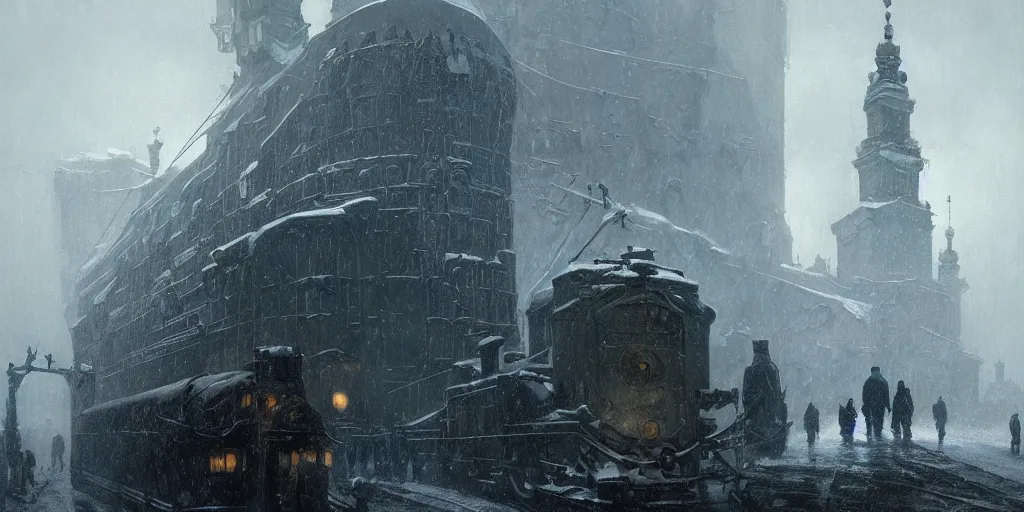 Image similar to snowpiercer travels through the icy city of warsaw, poland. frostpunk by greg rutkowski, gustave courbet, rosa bonheur, edward hopper. faithfully depicted architecture, realistic, sharp focus, global illumination, radiant light, detailed and intricate environment, trending on artstation