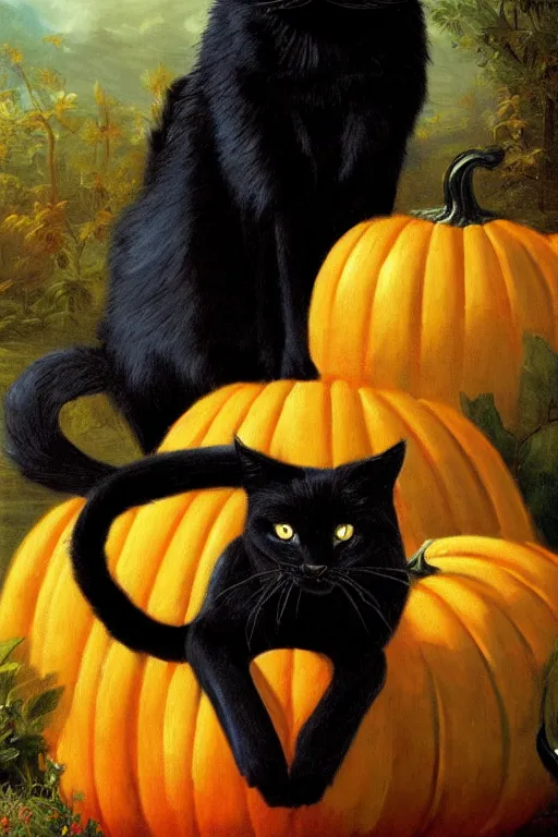 Image similar to dark fantasy painting of giant black cat sitting on a pumpkin, by bekinski, by thomas cole