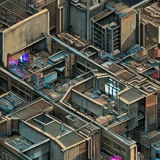 Prompt: Post-apocalyptic Cybercity. Aerial view. Isometric. detailed textured illustration by Moebius and Marc Simonetti. cluttered building apartments, electrical wires madness, grainy textures Vray, Depth of field