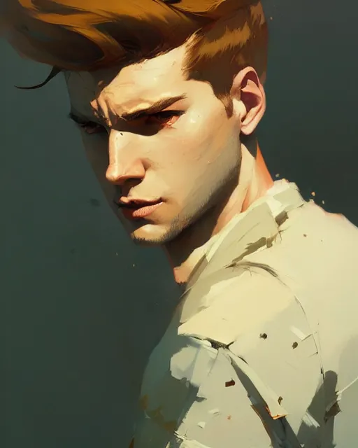 Prompt: hyper - realistic portrait of attractive brunet male by atey ghailan, by greg rutkowski, craig mullins, by greg tocchini, by james gilleard, by joe fenton, by kaethe butcher, dynamic lighting, gradient light yellow, brown, blonde cream and white color scheme, grunge aesthetic