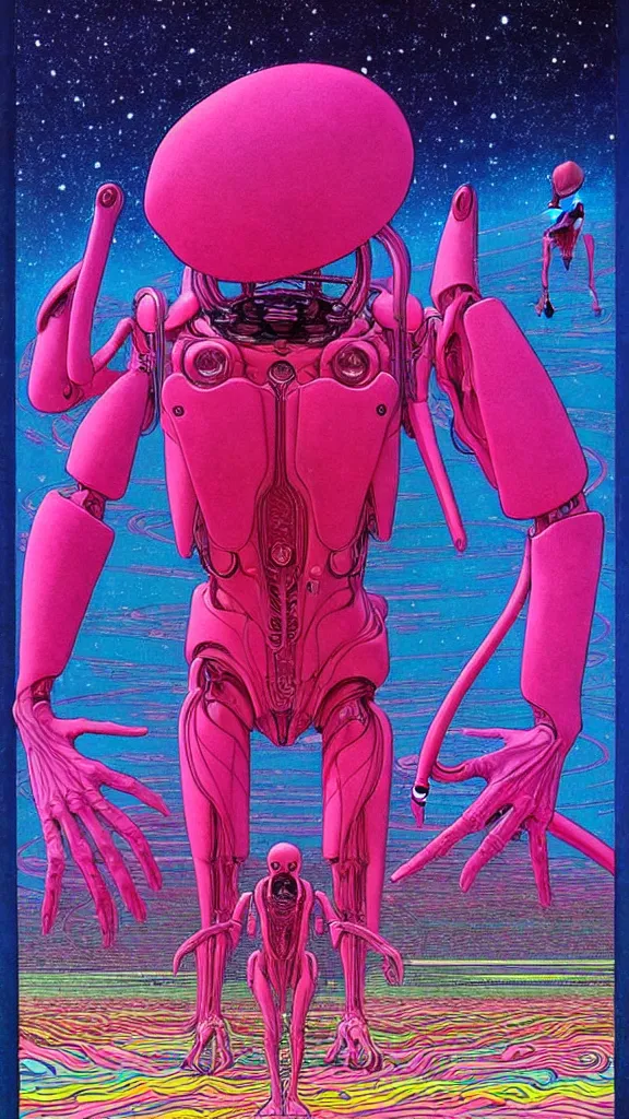 Image similar to ( ( ( ( a humanoid creature on other planets that appear intelligent is talking about life. ) ) ) ) by mœbius!!!!!!!!!!!!!!!!!!!!!!!!!!!, overdetailed art, colorful, artistic record jacket design