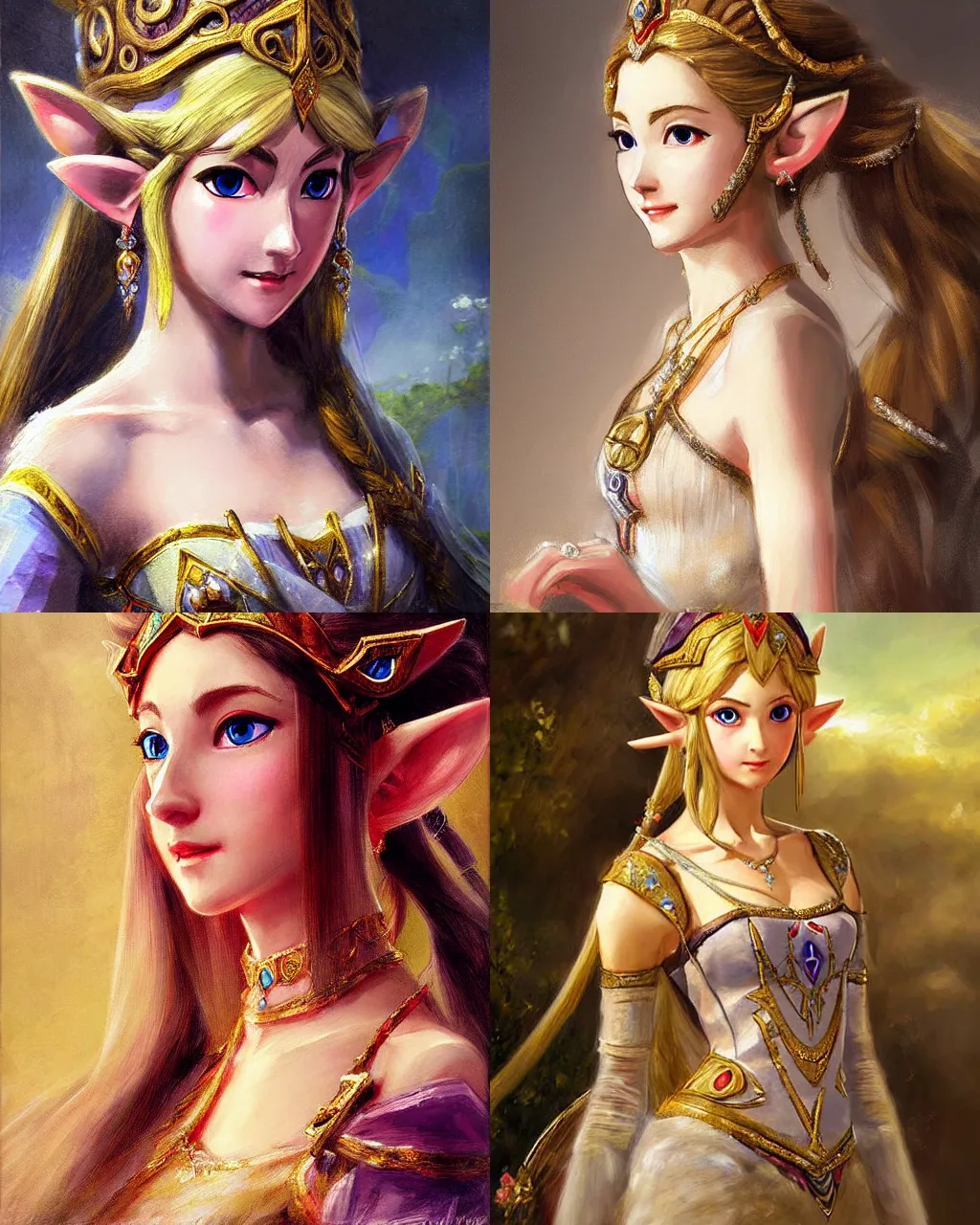 Prompt: detailed painting of princess zelda, from legend of zelda, as an elegant noblewoman, highy detailed face, soft silk dress, style of pino daeni, intricate, soft lighting, beautiful art