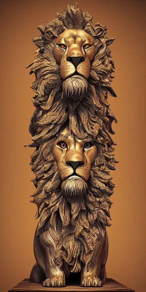 Image similar to a lion statue sitting on top of a wooden table, a 3 d render by jeremy henderson, behance contest winner, psychedelic art, behance hd, rendered in cinema 4 d, psychedelic