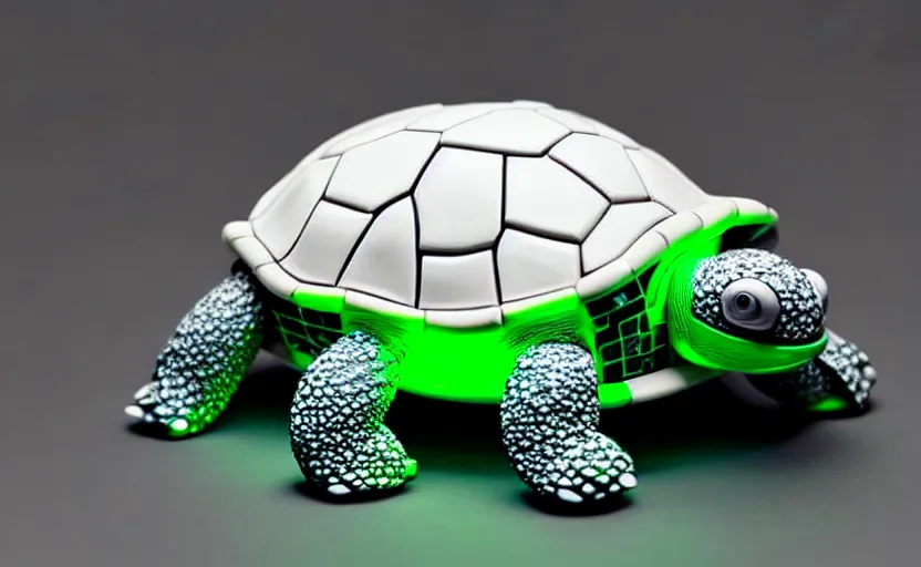 Image similar to artificial Intelligence turtle with its shell made out of modular-synth dials and knobs with a small AMOLED display, LED light accents, sleek design by apple, triple white colorway, modular-synth, VST, 4k, 33mm, high quality photo,