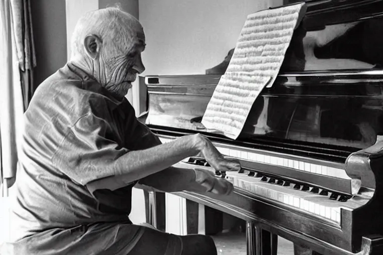 Image similar to amazing award winning photo of an old man chasing a piano with legs, award winning photo