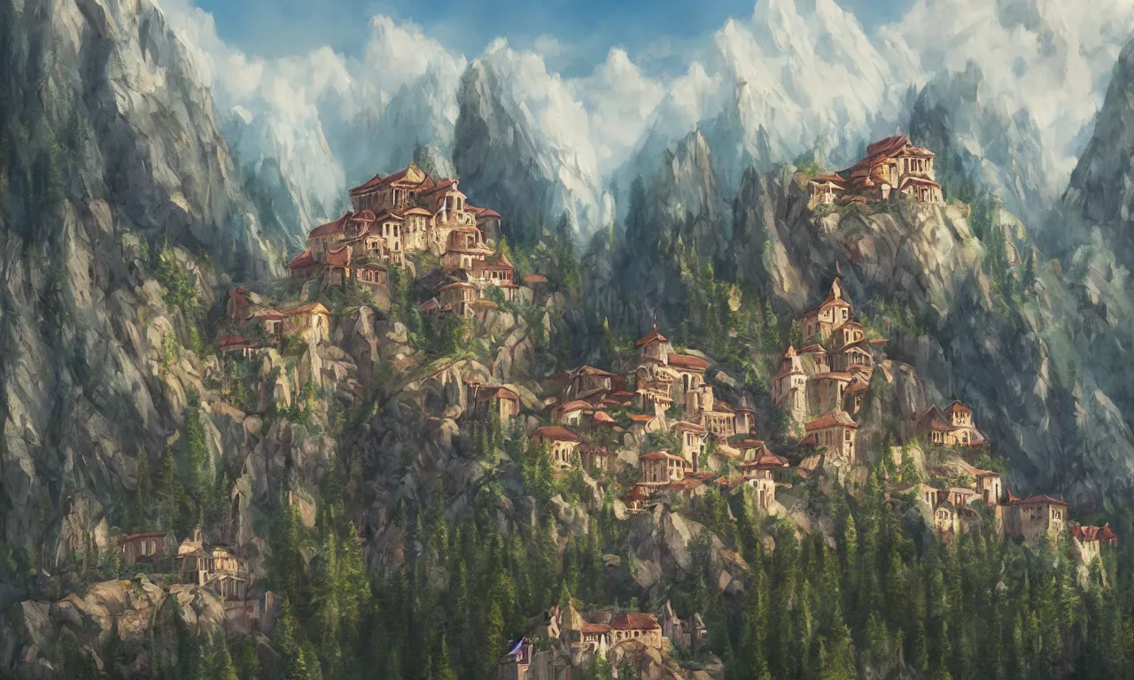 Image similar to a beautiful painting of a monastery engraved in a mountain, art by Randy Vargas, trending on Artstation