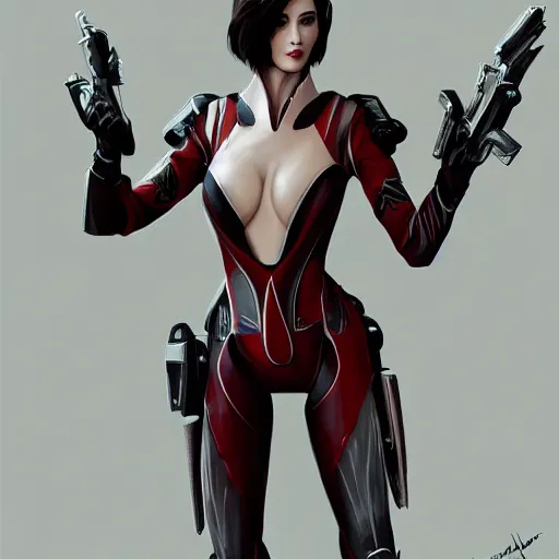 Image similar to A combination of Ada Wong's and Grace Kelly's and Ashley Greene's appearances wearing Warframe armor, high tech, action shot, angular, full body portrait, futuristic, dramatic, fantasy, intricate, elegant, highly detailed, digital painting, artstation, concept art, matte, sharp focus, illustration, 8K, art by Donato Giancola and James Gurney