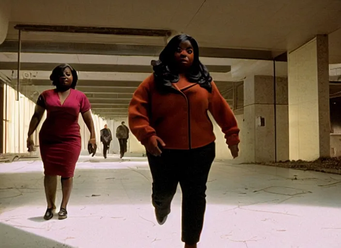 Image similar to cinematic shot of octavia spencer being chased by walter white in a strange defunct abandoned mall, iconic scene from the paranoid thriller sci fi film directed by stanley kubrick, 2 4 mm anamorphic lens, backlit, moody strange cinematography, beautiful composition, color theory, leading lines, photorealistic, highly detailed scene moody lighting