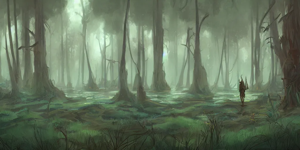 Image similar to modern reed - people hunting in futuristic spiritual mystical post apocalyptic forest drawn by justin roiland, dim painterly volumetric aquatic lighting, beautiful, crisp, artstation, highly detailed