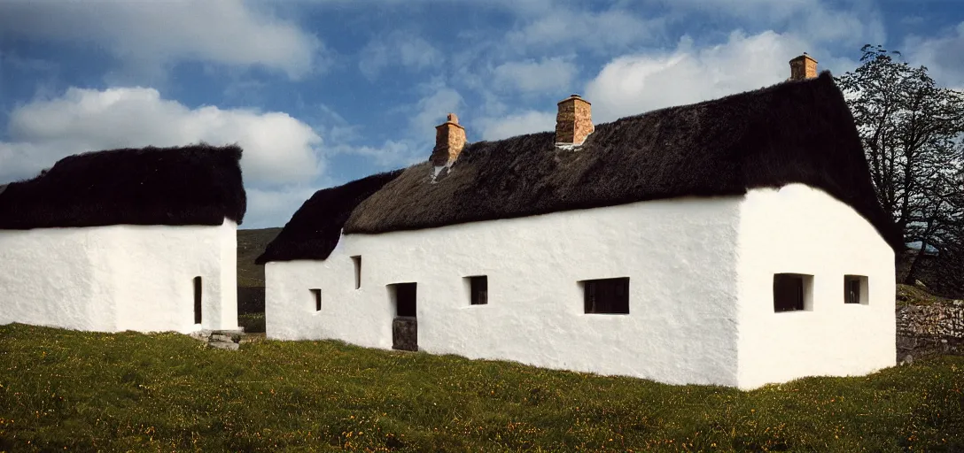 Image similar to scottish blackhouse made of ivory - white pentelic marble. designed by renzo piano. fujinon premista 1 9 - 4 5 mm t 2. 9. portra 8 0 0.