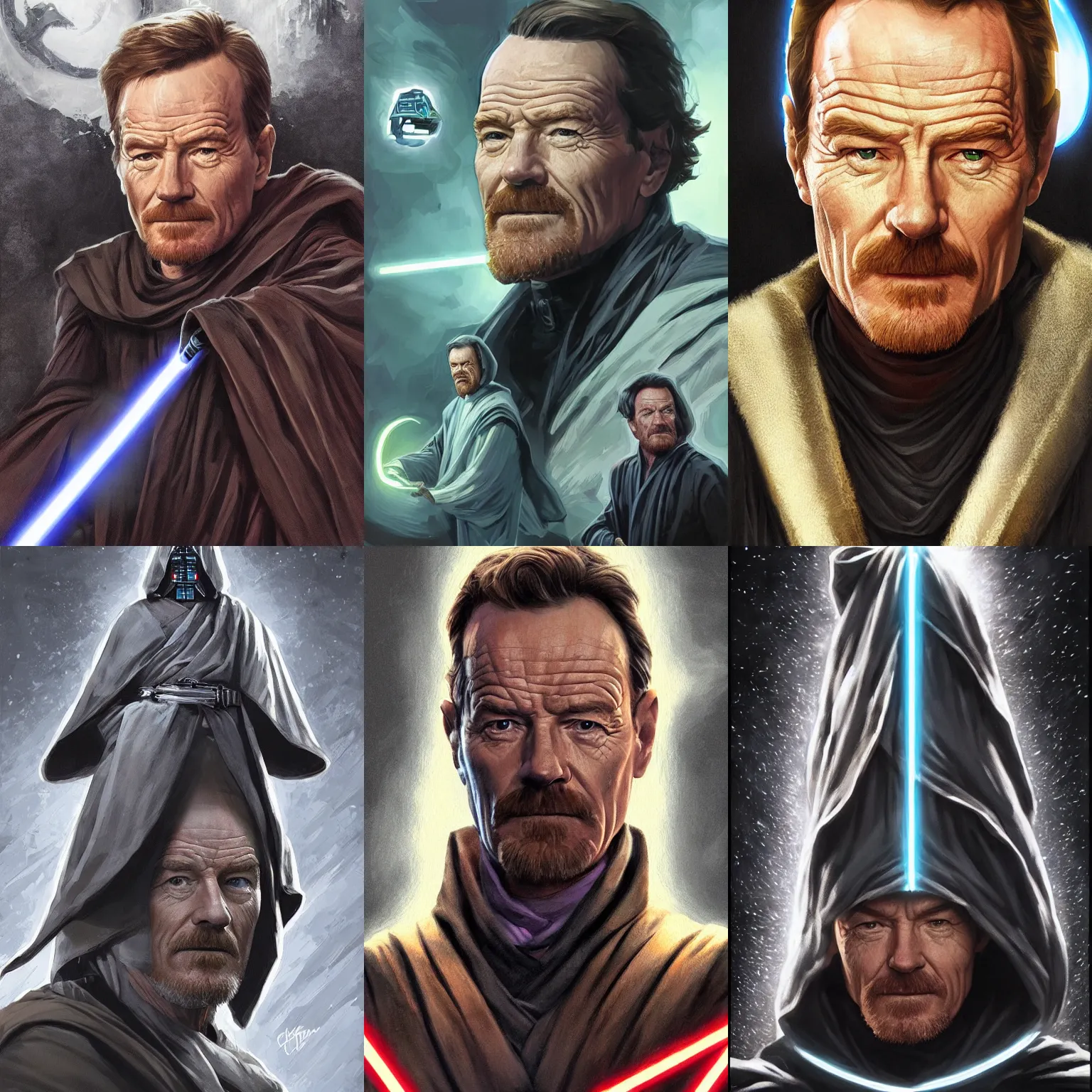 Prompt: Bryan Cranston as a Jedi Master, looking at the viewer, detailed face, high contrast, highly detailed, digital painting, sharp focus, trending on artstation, concept art, illustration, art by greg hildebrandt and clayton crain