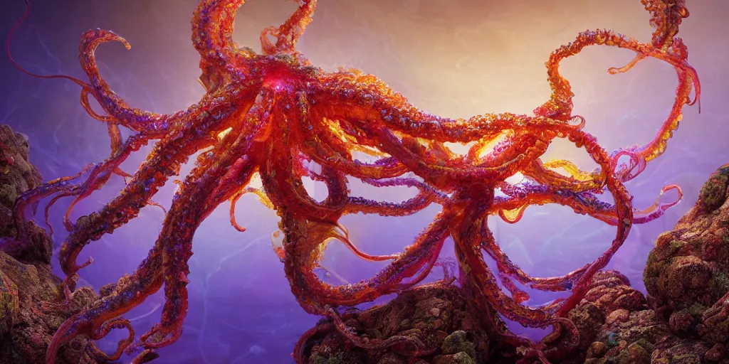 Image similar to Photorealistic intricate detailed picture of a levitating floating spirit squid god made out of colourful fungus tendrils, with arms outstretched. a gentle rising mist, an epic rocky landscape. occult photorealism, UHD, amazing depth, glowing, golden ratio, 3D octane cycle unreal engine 5, volumetric lighting, cinematic lighting, cgstation artstation concept art