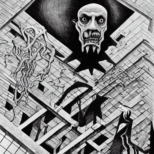 Image similar to high quality rendition of a horrifying man eater by m. c escher, m night shamalan, steven king and h. p. lovecraft. this will keep me up at night.