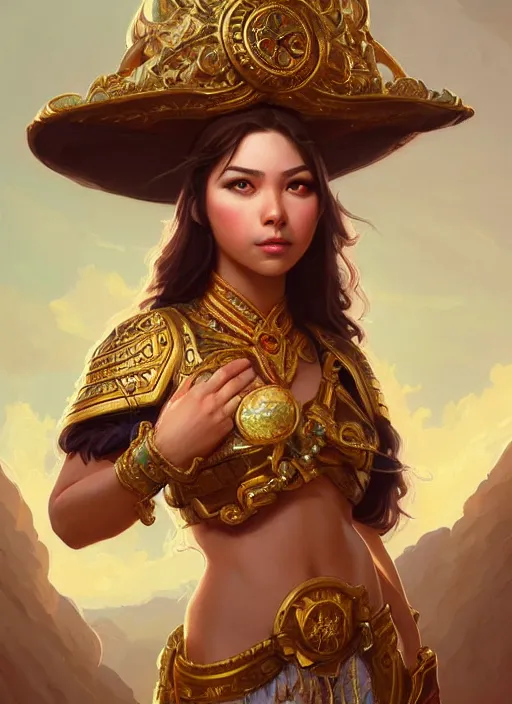 Image similar to portrait of russian mexican asian girl jodhpurs hyperborea lemuria, deep focus, d & d, fantasy, intricate, elegant, highly detailed, digital painting, artstation, concept art, matte, sharp focus, illustration, hearthstone, art by rhads by artgerm and greg rutkowski and alphonse mucha