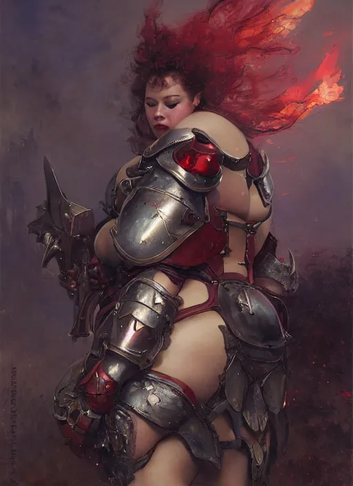 Image similar to beautiful anorei collins bbw plumper big girl wearing tiny red steel armour, detailed by gaston bussiere, bayard wu, maxim verehin, greg rutkowski, masterpiece, sharp focus, cinematic lightning