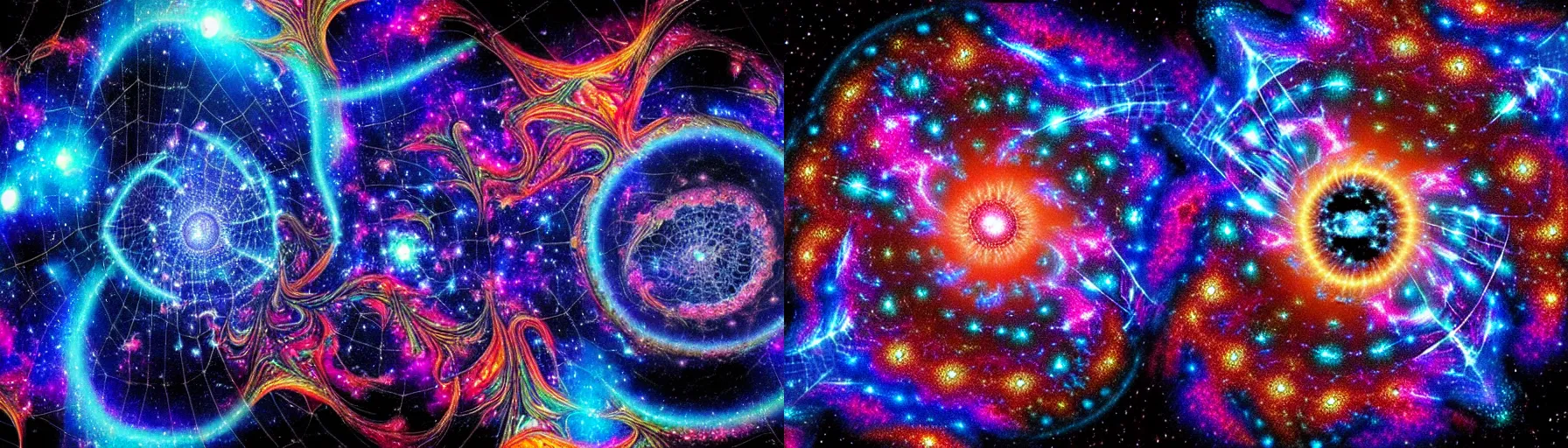 Prompt: a galaxy exploding, psychedelic colors, a blacksmith swinging his hammer at his forge, realistic reflections, body building blacksmith, stars, psychedelic patterns, fractal, rippling fabric of reality, the spider that weaves the web of time, sharpen lines