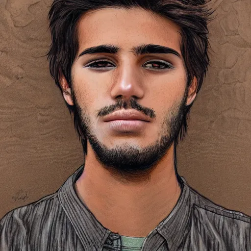 Image similar to incredibly detailed illustration of a suntanned american 18 year old male with brown hair in Kurdistan, award winning art, intricate, beautiful