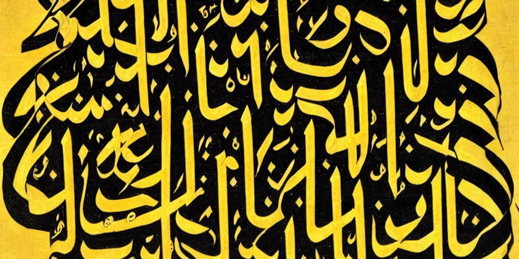 Image similar to a scroll of Arabic calligraphy, black and yellow scheme
