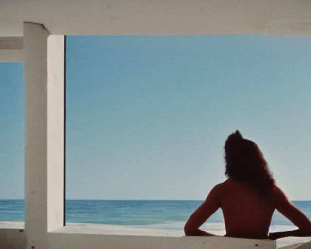 Image similar to a still of a young woman looking out from a huge concrete white deck of a minimalist beach house, outside view, low angle, clear sky and background, in the music video Wrapped Around your Finger (1983)