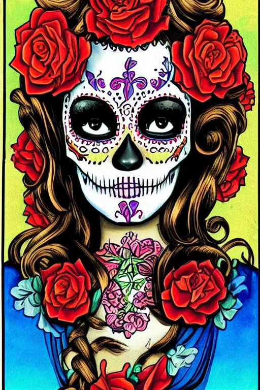 Image similar to Illustration of a sugar skull day of the dead girl, art by robert williams