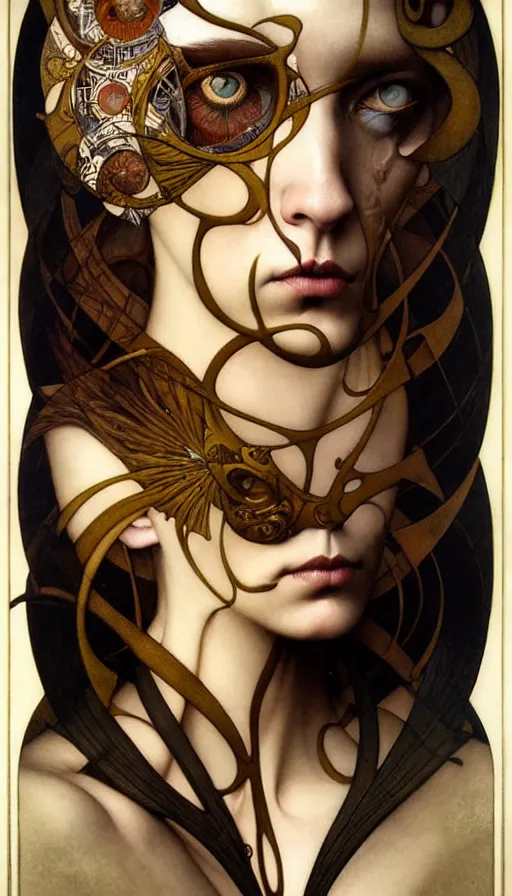 Image similar to M. C. Escher looking puzzled painted by tom bagshaw, mobius, mucha M. C. Escher, gold paint, ink, gnarly details