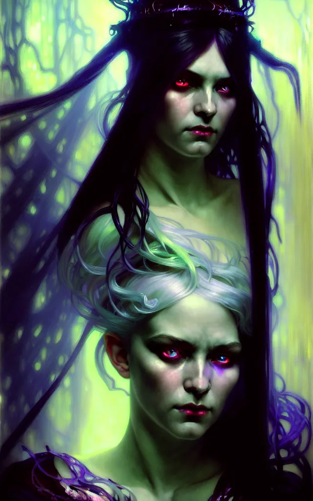 Prompt: hyperrealist portrait of a dark fairy with white hair and neon eyes, wearing a long robes that fall like stars, by jeremy mann and alphonse mucha, fantasy art, photo realistic, dynamic lighting, artstation, poster, volumetric lighting, very detailed faces, 8 k, award winning