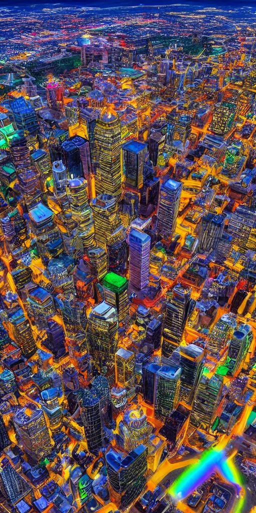 Prompt: hyper realistic photo of calgary city view from the sky, 1 6 k, hyper realistic, fractal art, art station, coherent design, symmetrical, vivid colour, complementary colour, golden ratio, detailed, sharp lines, intricate, rainbow shift, in unreal 3 d engine, ray tracing, octane render
