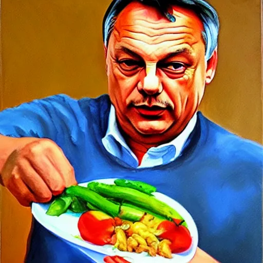 Prompt: viktor orban cooking, oil painting