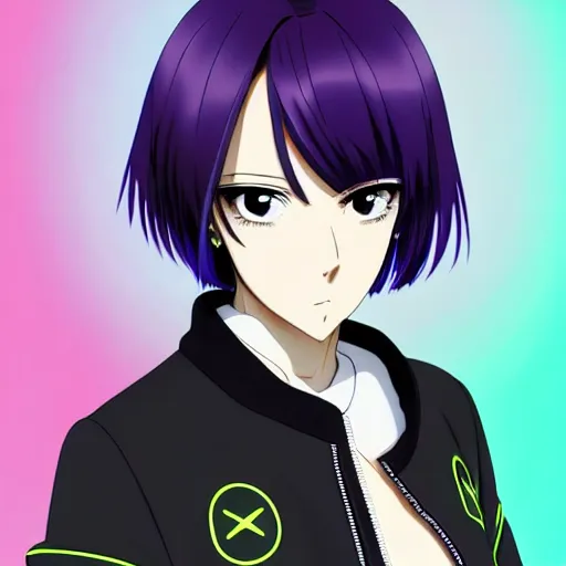 Prompt: anime poster film still portrait, young black woman, black black black woman, purple colored eyes!!!!, white french bob hairstyle, white hair color, green colored bomber jacket, detailed facial features, dynamic pose,, rimlight, cel shaded, 4 k