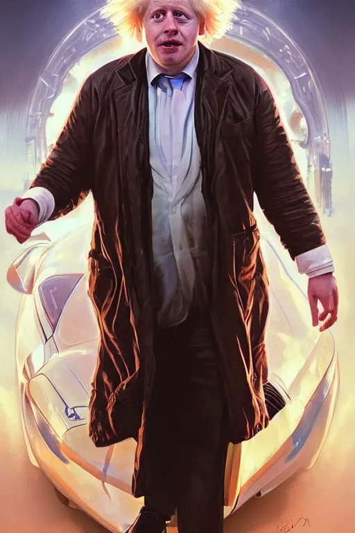 Prompt: Boris Johnson as Doc Brown, realistic portrait, symmetrical, highly detailed, digital painting, artstation, concept art, smooth, sharp focus, illustration, cinematic lighting, art by artgerm and greg rutkowski and alphonse mucha