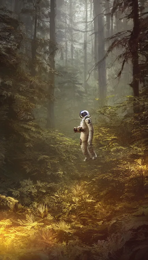 Prompt: american astronaut in the forest plants environment wide angle cinematic lighting atmospheric realistic octane render highly detailed, octane render, in the style of craig mullins