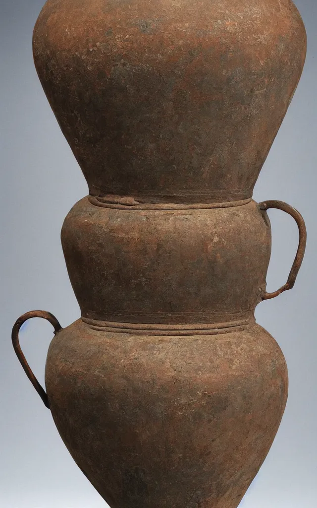 Prompt: a beautiful, ancient, iron made greek amphora container, museum item, with drawings of tom cruise