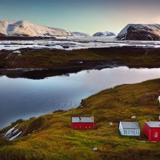 Image similar to overgrown norwegian village at the coast, sunset, arctic, beautiful, kids drawing