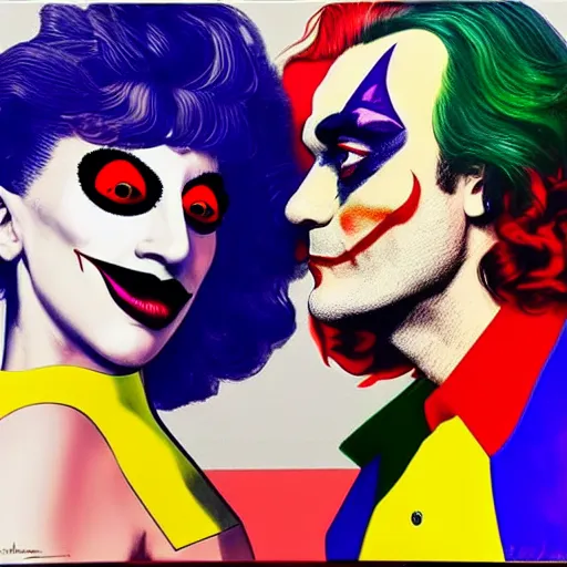 Prompt: richard hamilton and mimmo rottela as lady gaga harley queen and joaquin phoenix joker kissing, pop art, medium long shot, 2 color, justify content center, object details, dynamic composition, 4 k, ultra realistic art, smooth, sharp focus, illustration, concept art, intricate details, h 7 6 8