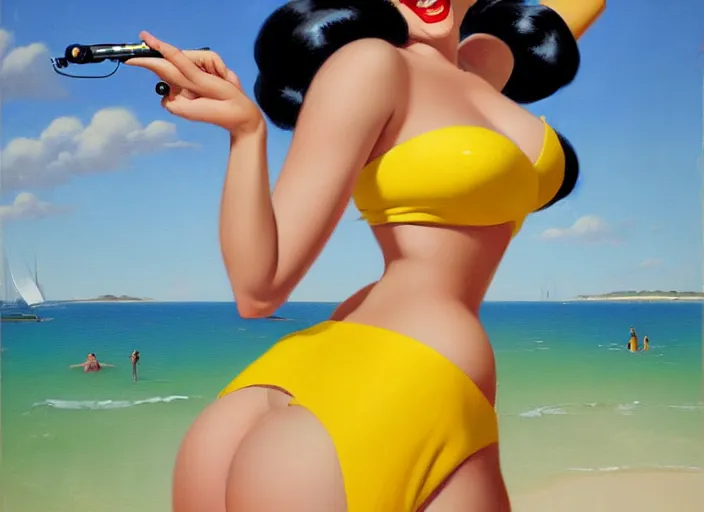 Image similar to the style of the artist gil elvgren, a girl with black hair, overwatch tracer, with a very beautiful symmetrical face, a smile on her face, tanned skin, in a yellow bikini, against the background of a sea beach, in art style, high detail, digital painting, hyperrealism