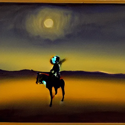 Prompt: a painting of a silhouette of a cowboy riding a horse into the dark horizon, high contrast, black and blue color scheme, dark, creepy, night, far away, in the distance, in the style of Monet