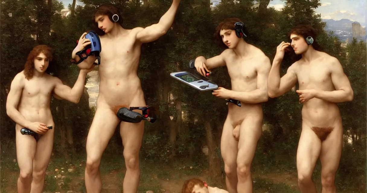 Prompt: pre-Raphaelite male muscular athletic gamers wearing headsets and playing video-games on laptops playstation5 x-box and PC by Bouguereau and raphael