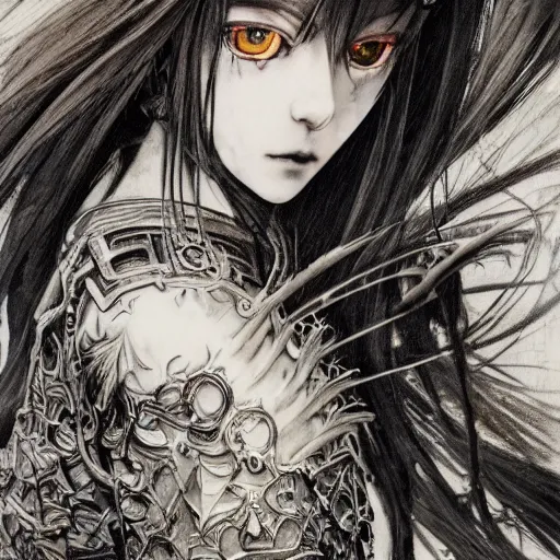 Prompt: Yoshitaka Amano realistic illustration of an anime girl with black eyes, long white hair fluttering in the wind and cracks on her face wearing Elden ring armour with engraving, abstract black and white patterns on the background, noisy film grain effect, highly detailed, Renaissance oil painting, weird portrait angle, blurred lost edges, three quarter view