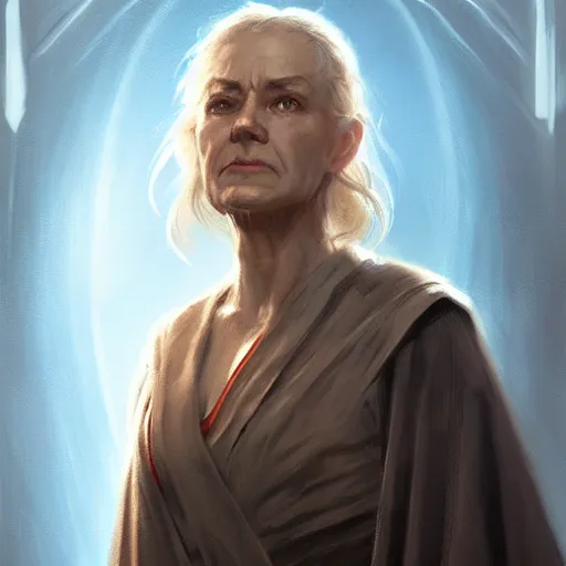 Image similar to portrait of a jedi master woman by greg rutkowski, french features, smirk, jedi robes, star wars expanded universe, she is about 6 0 years old, wearing jedi robes, highly detailed portrait, digital painting, artstation, concept art, smooth, sharp foccus ilustration, artstation hq